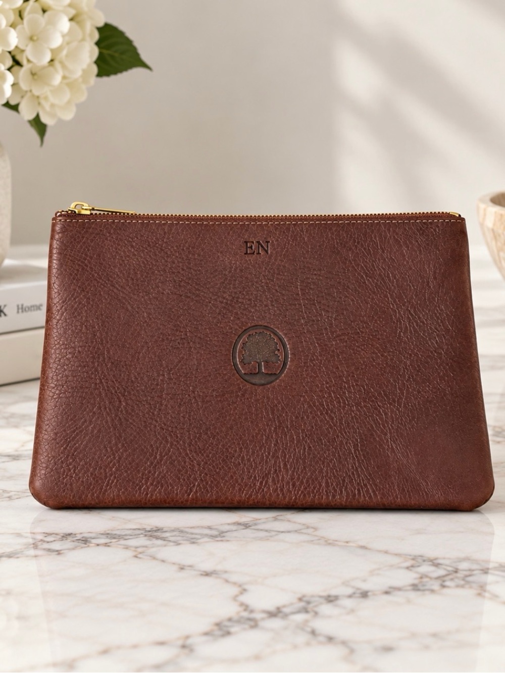 Monogrammed Leather Toiletry Bag - Brown